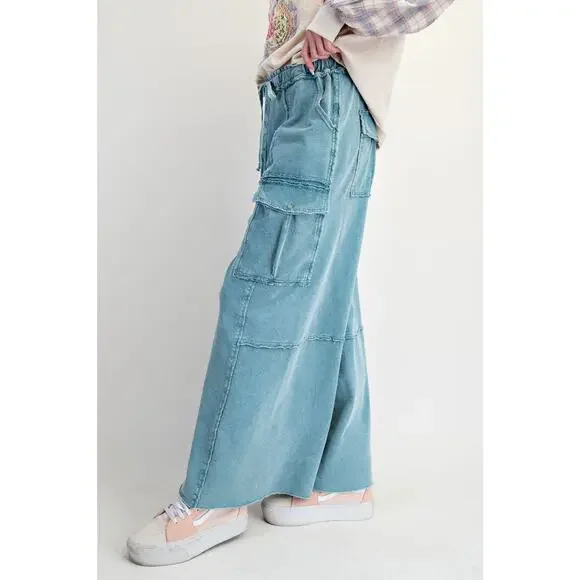 "Durango" French Terry Cargo Wide Leg Pants in Teal Blue - Picture 4 of 5